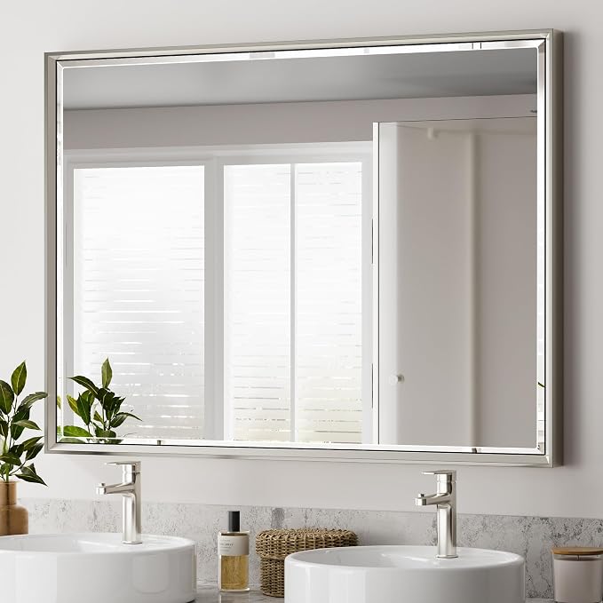 40 x 30 Brushed Nickel Bathroom Mirror, Beveled Framed Rectangle With Anti-Rust Frame, Shatterproof, Vertical/Horizontal Wall-Mounted