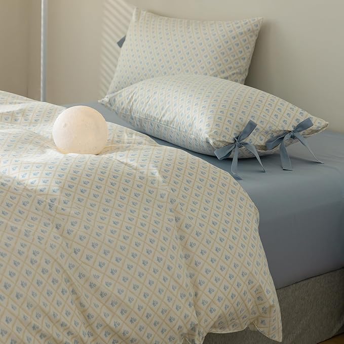 Blue Floral Bedding Duvet Cover Full Girl Cozy Cotton Comforter Cover White Flowers Coquette Bedding Set 3 Piece for Teen College Dorm Romantic Fresh Duvet Cover Set Full with 2 Bow Tie Pillowcases