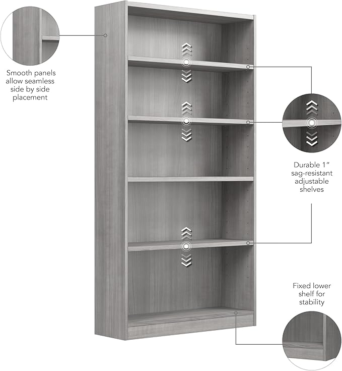 Bush Home Universal Tall 5 Shelf Bookcase in Platinum Gray, Vertical Storage and Display Bookshelf for Home Office or Living Room Organization