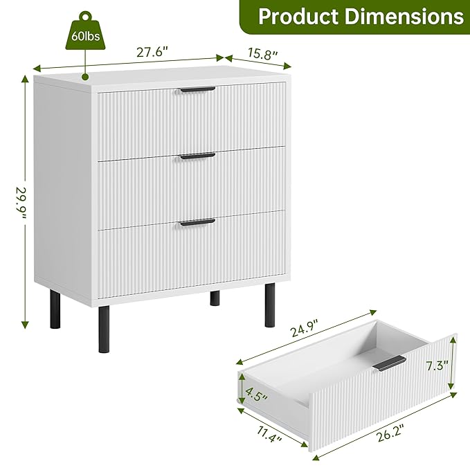 GarveeHome White Fluted 3 Drawers Dresser, Wide Wood Chest of Drawers, Modern Storage Dresser Chest of Drawers Organizer with Metal Legs and Anti-Tipping Device for Bedroom Living Room