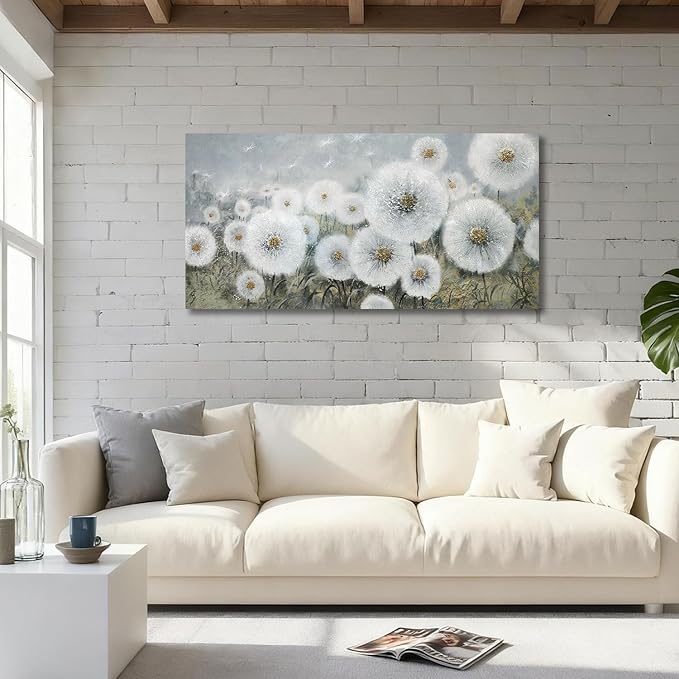 Ardemy Flower Wall Art Canvas Dandelion Painting White Floral Picture, Textured Large Framed for Living Room Bedroom Kitchen Dining Room Bathroom Home Office Decor 40"x20"