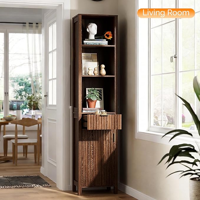 VINGLI 68" Tall Narrow Bathroom Storage Cabinet, Slim Freestanding Floor Cabinet with Fluted Door & Drawer, 12 Inch Deep Skinny Wood Organizer for Small Spaces, Kitchen & Living Room, Dark Walnut