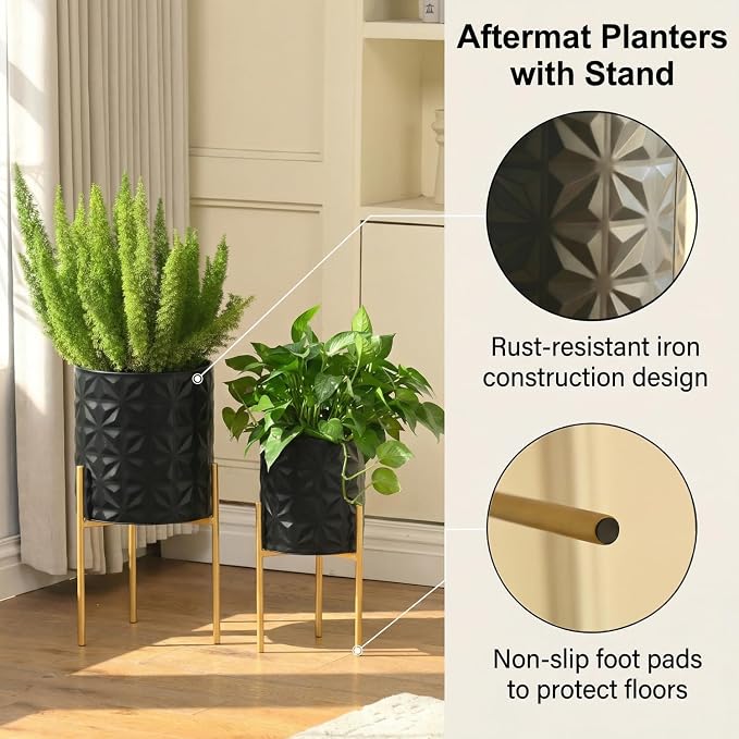Modern Planter Pots, Set of 2 Black Planters with Stand, Decorative Planters, Metal Pots with Drainage Holes for Living Room, Office, Garden