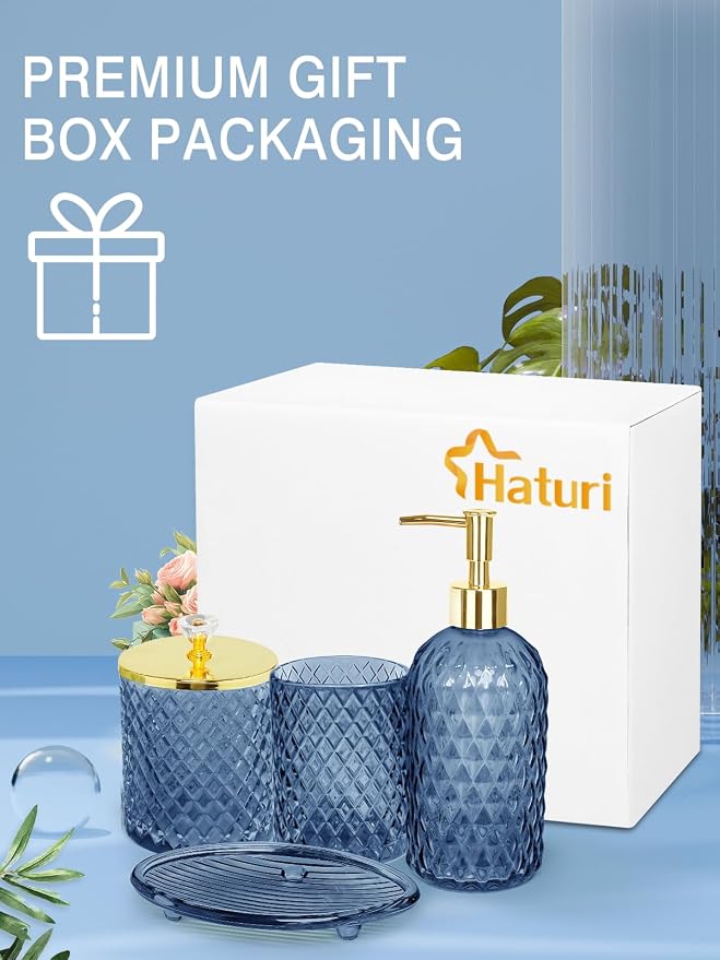 Haturi Blue Bathroom Accessories Set, 4Pcs Glass Bathroom Accessory Set Complete w/Lotion Soap Dispenser, Toothbrush Holder, Qtip Holder, Soap Dish, Blue Bathroom Decor Sets, Gift for Home Apartment