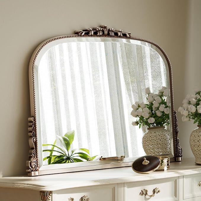 Wall Beaded Mirror, 36 x 27 Inch Round Top Right Angle Wall Mirror, Tempered Glass, Rust Resistant, Horizontally or Vertically Hanging, Silver