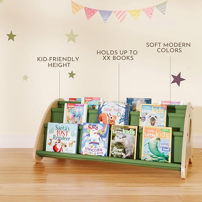 Toddler Bookshelf,4-Tier Book Rack Organizer with Fabric Storage Pockets, Wooden Bookshelves with Open Forward Display, Montessori Book Shelf for Nursery/Playroom, Natural/Green