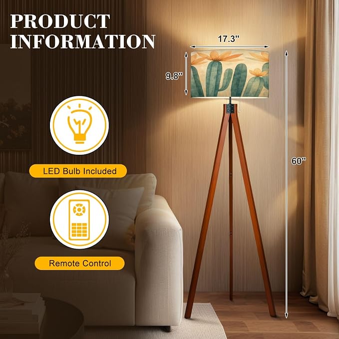 Wood Tripod Floor Lamp Green Succulents Floral Boho Plants Orange Flowers Foliage Botanical Mid Century Standing Lamp Linen Shade Dimmable Modern Tall lamp Home Decor for Living Room Bedroom Office