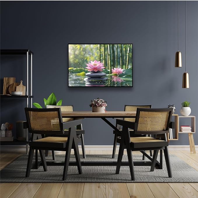 Ethereal pink lotus on obsidian Sunlit bamboo forest with sparkling water drops Poetic nature inspired wall art for tranquil homes and mindful spaces 20x30in Metal blackFramed