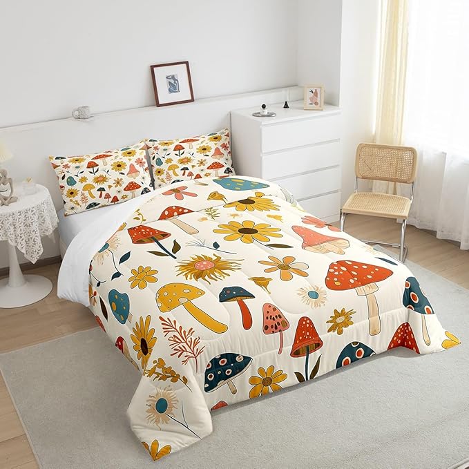 Castle Fairy Retro Mushroom Flowers Comforter Set Full Size,70s 60s Groovy Bedding Comforters Room Decor,Vintage Boho Plant Floral Quilt Set with 2 Pillowcases,Teens Present
