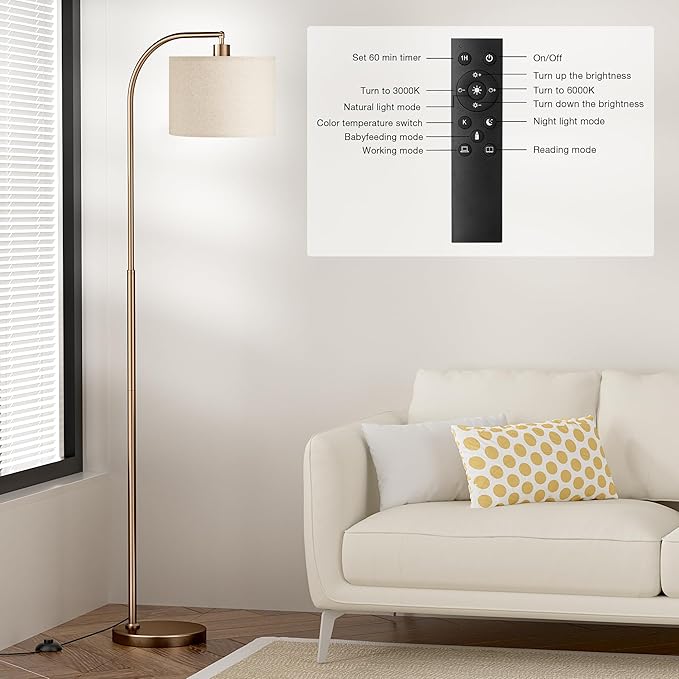 Ambimall Arc Floor Lamp with Remote and Stepless Dimmable Bulb, Colors Temperature & Brightness Adjustable, Floor Lamps for Living Room（Deep Beige Shade & Brown Pole）