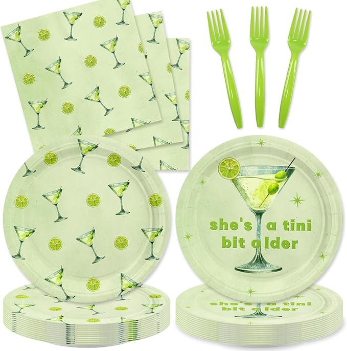 48PCS Green Martini Birthday Decorations Plates,A Tini Bit Older Birthday Party Plates Napkins Forks For 16 Guests,Martini Party Decorations