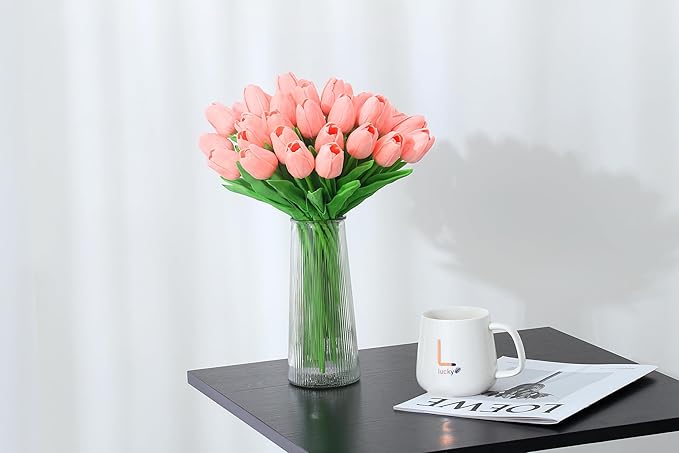 20pcs Pink Tulips Artificial Flowers Fake Silk Tulips Real Touch Flowers for Spring Kitchen Wedding Home Decor Arrangements Easter Decor 14 Inch