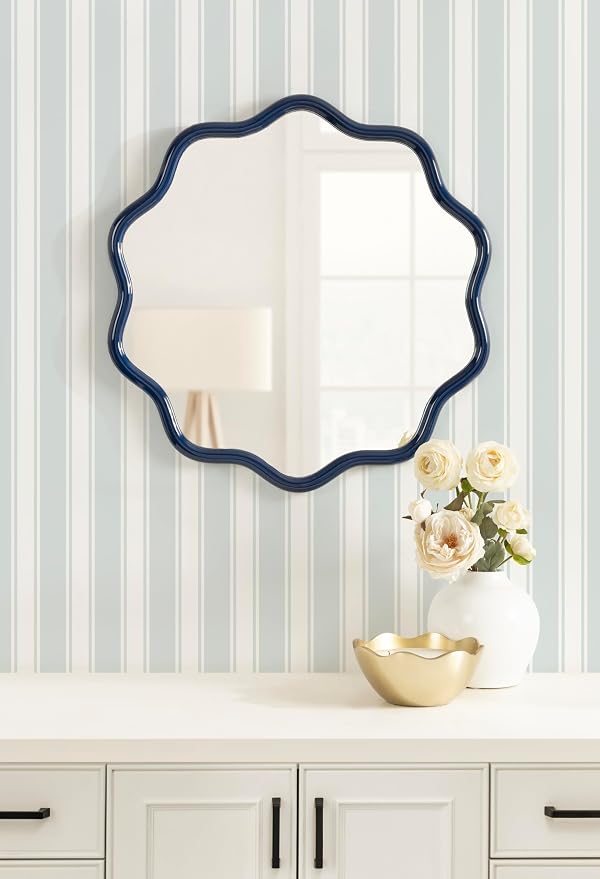 Kate and Laurel Talma Modern Round Scalloped Wall Mirror, 26 Inch Diameter, Navy Blue, Decorative Wavy Circle Mirror for Use as Bathroom Mirror for Over Sink or Nursery Mirror Decor