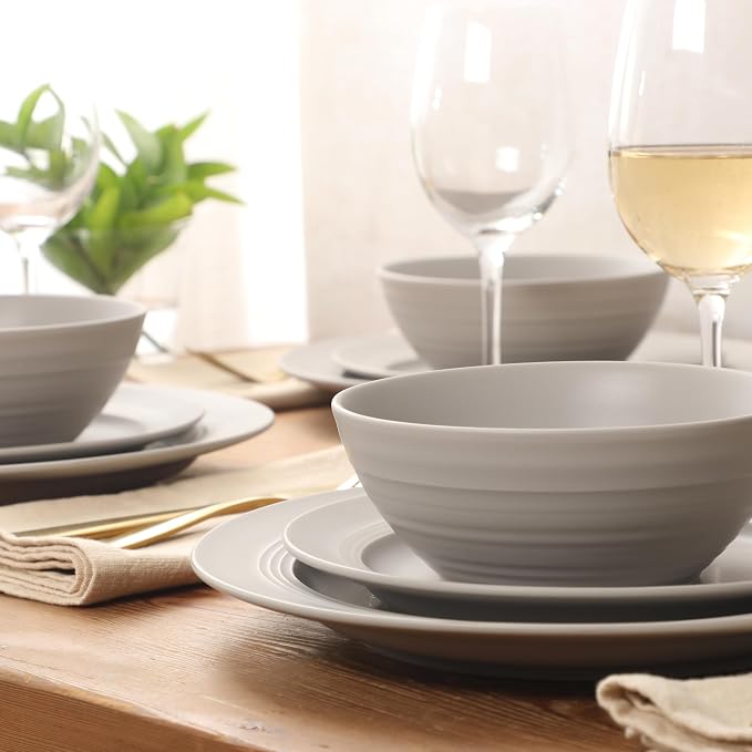 Gibson Elite Soleil 12 Piece Chateau Grey Stoneware Dinnerware Set for 4, Plates and Bowls Set with Dinner Plates, Salad Plates and Bowls