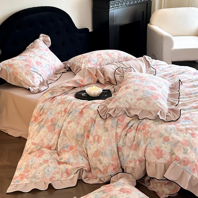 HighBuy Ruffle Duvet Cover Set Twin Pink 100% Brushed Cotton Bedding 3pcs Set,Chic Cottagecore Soft Breathable Vintage Boho Bedding Set,1 Duvet Cover and 2 Pillowcases