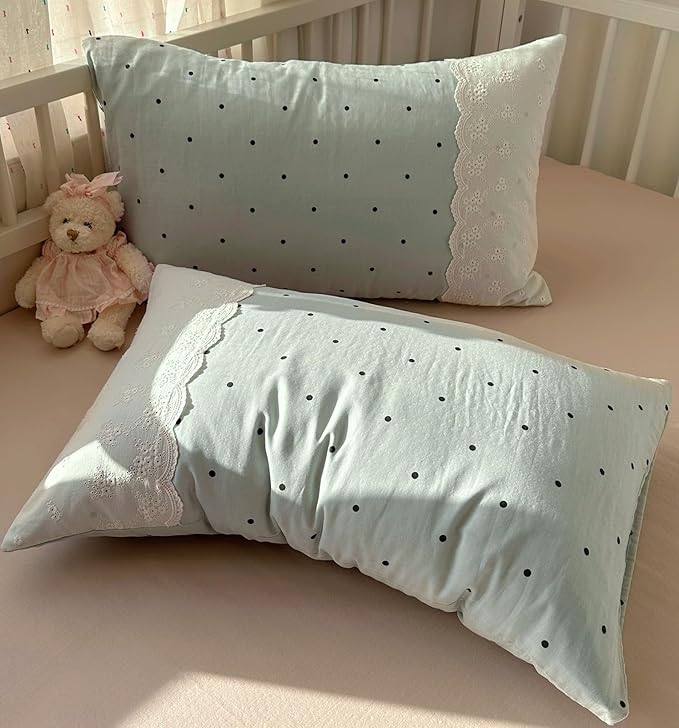 VM VOUGEMARKET Sage Green Comforter Set Twin XL Cute Black Dots Bedding Set,Soft Microfiber Princess Style Lace Comforter/Quilt with 2 Pillowcases,Romantic &Elegant-68 x90