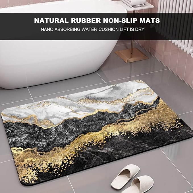 Diatomaceous Earth Bath Mat,Black White Gray Gold Marble Non-Slip Volume Super Absorbent Fast Drying for Bathroom Kitchen Door mat,Eco-Friendly Easy to Clean 16×24Inch (40 * 60cm)