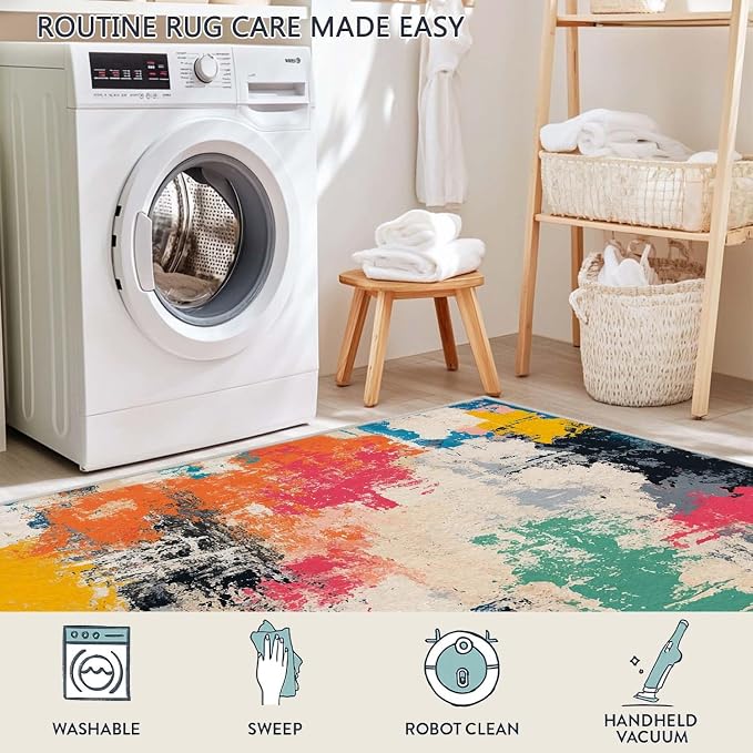 6x9 Colorful Area Rug Modern Abstract Beige Orange Yellow Pink Blue Black White Grey Rug Bedroom Low Pile Thin Large Carpet Living Room Non Slip Dining Room Stain Resistant Office Washable Machine