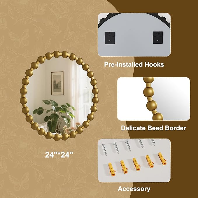 Easly Round Mirror for Wall, 24 Inch Gold Beaded Frame Decorative Vanity Mirror, Circle Bathroom Mirror with High-Definition Lense, Modern Wall Decor for Bathroom, Living Room, Bedroom, Entryway