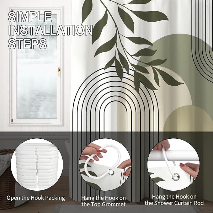 Boho Sage Green Shower Curtain Mid Century Modern Abstract Plant Botanical Bathroom Curtain Minimalist Neutral Geometric Arch Bath Decor Polyester Set with Hooks 72x78 inch