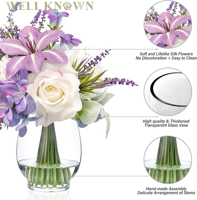 WELL KNOWN Fake Flowers in Vase Artificial Flowers with Fake Water, Real Touch Faux Silk Rose & Blooming Tulips Spring Flower with Lavender Arrangements for Table Decor (White Purple)