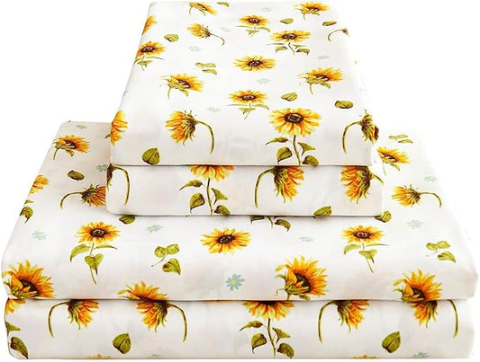 Softan Floral Sheet Set Queen, Sunflower Printed Bed Sheets Queen, Cozy Double Brushed Microfiber Fitted Sheet with 15" Deep Pocket and Corner Straps, Cute Yellow Flower Sheet & Pillowcase Sets
