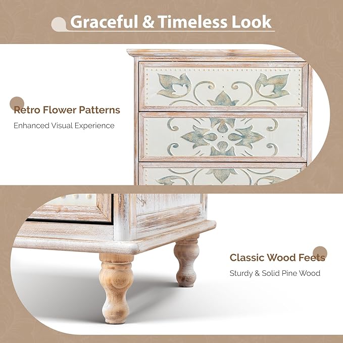 VINGLI Washed White Dresser with Charging Station, 3 Drawer Dresser Boho Wood Chest of Drawers, Wooden Dressers with Drawers and Solid Wood Legs