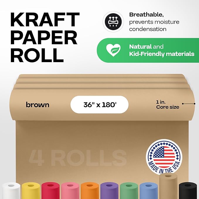 Brown Kraft Paper Roll 36" x 2160" (180 feet), Pack of 4 - USA-Made Brown Wrapping Paper 30lb Thickness for Packing, Moving, Shipping & Crafts - 100% Recycled Natural Craft Material by IDL Packaging