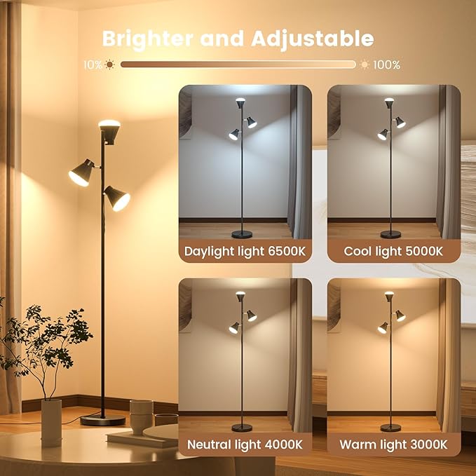 SIBRILLE 36W LED Tree Floor Lamp, Dimmable Tall Standing Lamp with Remote & Touch Control, 4 Color Temperatures Bright Floor Lamp, 3 Rotatable Light Modern Floor Lamps for Living Room Bedroom Office