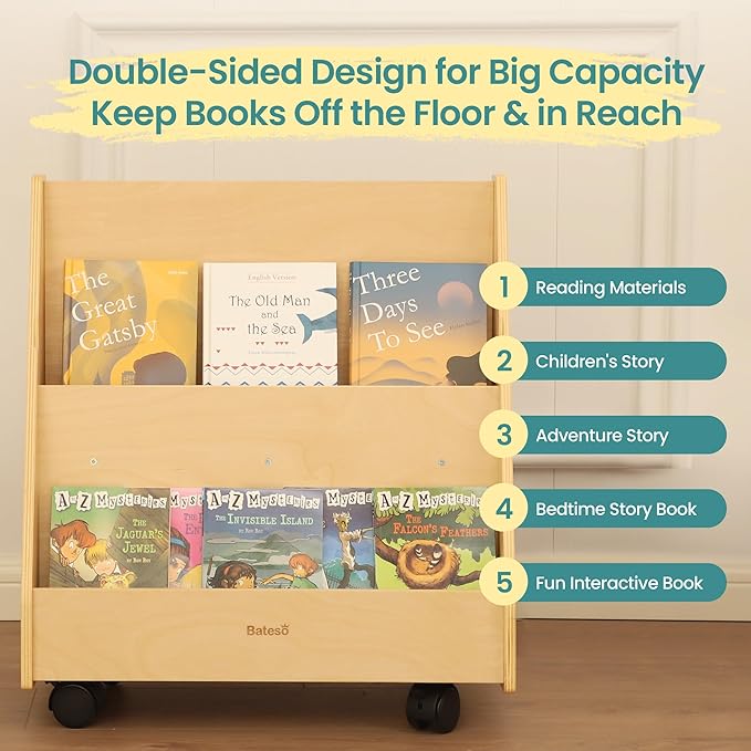 Double-Sided Kids Bookshelf, Premium Book Shelf for Kids Rooms, Toddler Book Rack Organizer with Wheels, Wooden Montessori Bookshelf & Book Storage Display for Classroom, Preschool, Nursery