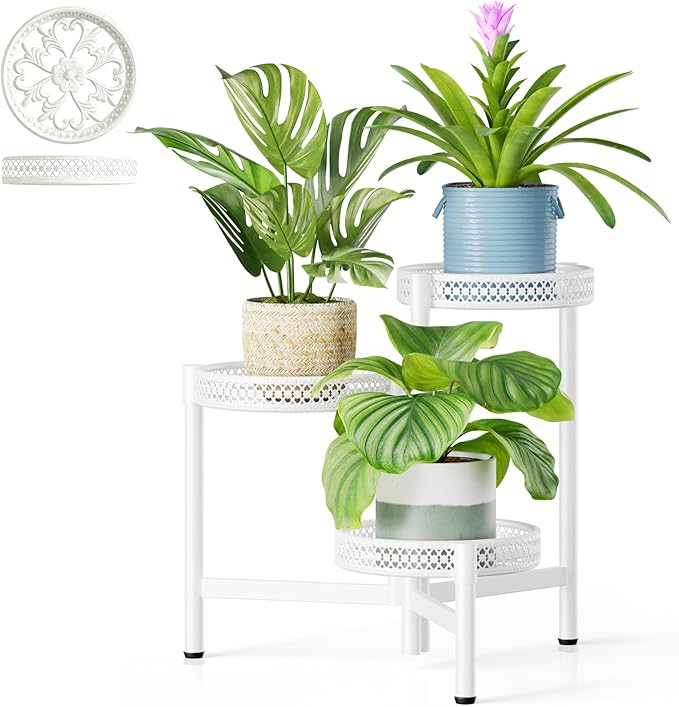 3 Tiered Tall Plant Stand Indoor Outdoor, Metral Plant Shelf for Corner Display Rack, Multi-Tier Folding Planter Pot Holder Flower Stand for Living Room Balcony Garden Patio - WhiteWave