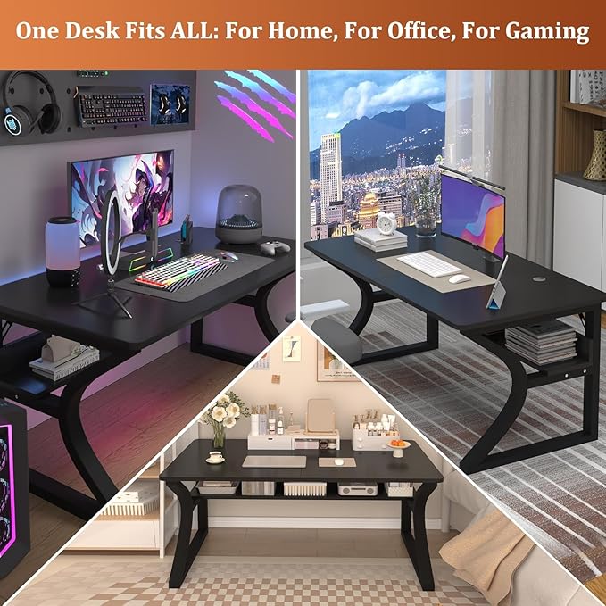 55 inch Computer Desk, Home Office Desk with Storage Shelf, Sturdy U-Shaped Metal Frame Study Table with Cable Management, Gaming Desk for Office & Bedroom (Black, 55 inch)