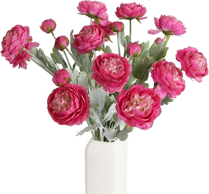 IPOPU Hot Pink Flowers Fake Peonies Artificial Ranunculus Flowers 6pcs 18Heads Hot Pink Silk Flowers 20.47" for Faux Floral Arrangements Wedding Bouquets Home Table Decor