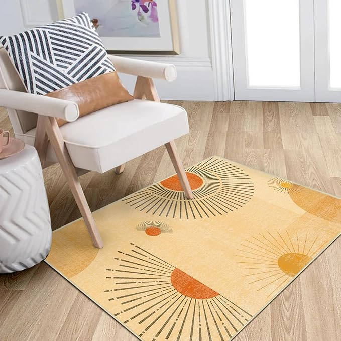 Sun Rug 2x3 for Entryway Mid Century Modern Rugs Machine Washable Boho Geometric Rug Non Slip Printed Low Pile Indoor Door Mat Floor Carpet for Bedroom Bathroom Kitchen Laundry,Yellow