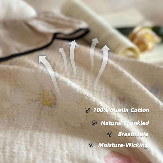 VM VOUGEMARKET Vintage Flower Duvet Cover Set King Ruffled Linen Gauze Duvet Cover with 2 Pillow Shams Soft Breathable Muslin Cotton Bedding Set-Ivory