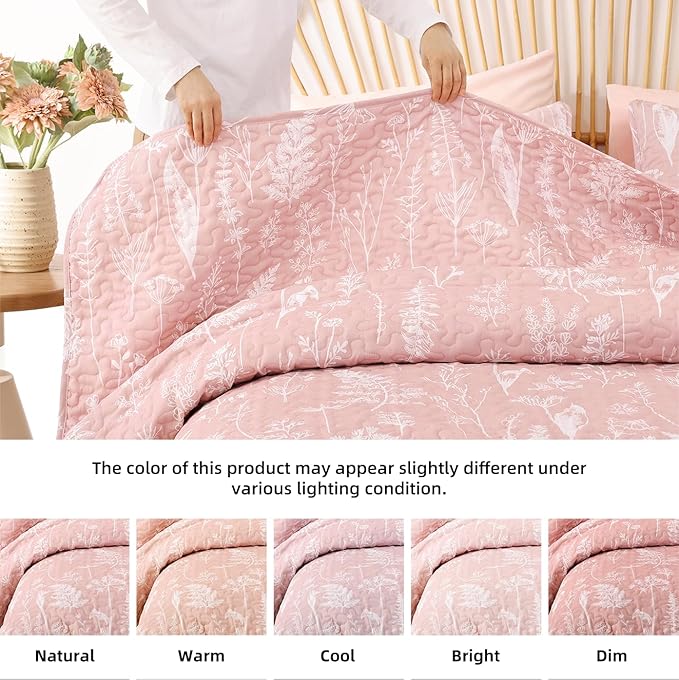 JANZAA Quilts Queen Size Pink Quilt Botanical with Floral Pattern Microfiber Bedspreads Queen Size 3 Pieces Lightweight Comforter Reversible Bedding Set with 2 Pillow Cases