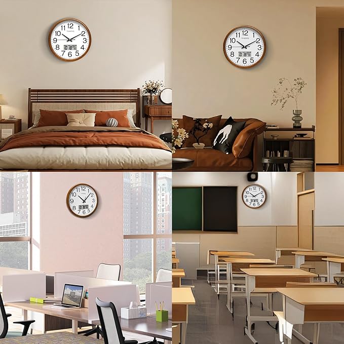 TIMESS Wall Clock, Classic Wood Style Finish, 11 Inch Non-Ticking Silent Battery Operated Quartz Analog with Perpetual Calendar and F° Temperature Display, Home, Office Décor (Wood Yellow)