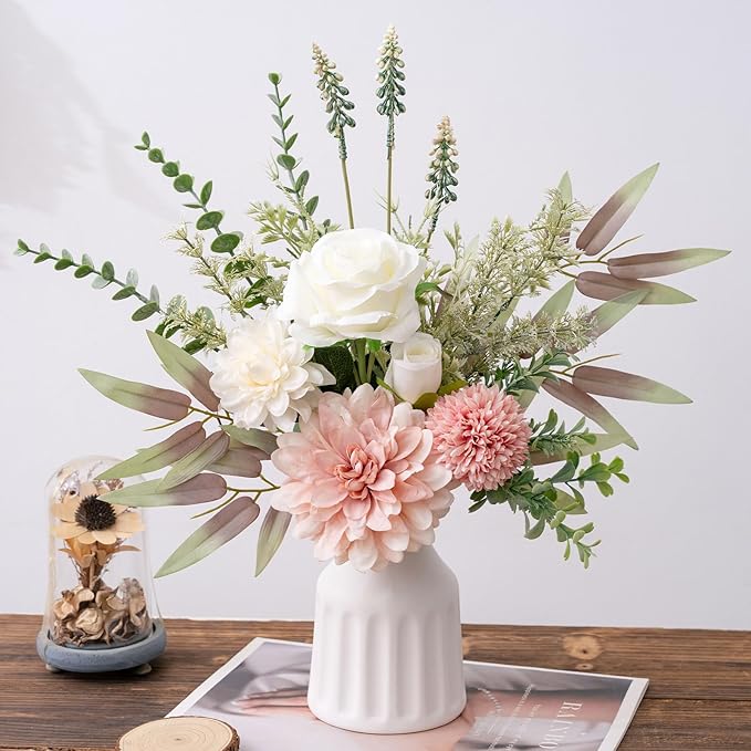 Fake Flowers in Vase, Artificial Flowers with Vase, 15.7'' Floral Arrangements for Dining Table Centerpiece Decor, Silk Roses & Faux Dahlia Bouquet for Farmfouse Kitchen Coffee Table Decor (Pink)