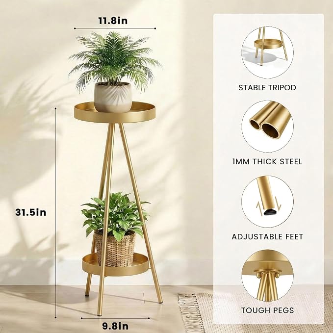 2 Tier Tall Plant Stand Indoor, 31.5" Gold Metal Modern Corner Flower Holder with Round Trays,Heavy Duty for Small Space, Bedroom & Balcony