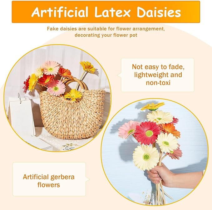 WILLBOND 36 Pieces Artificial Gerbera Daisies Flowers Fake Daisy Faux Boho Daisy Flowers Bouquet 15 in for Boho Birthday Decorations Wedding Home Decor (White,Pink,Yellow,Orange,Rose,Coral)