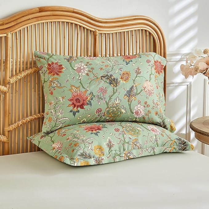Vintage Floral Comforter Set King Farmhouse Boho Bedding Comforter Botanical Flowers Vines Pattern on Green Floral Bedding Comforter Fluffy Aesthetic King Comforter with 2 Pillowcases for All Seasons