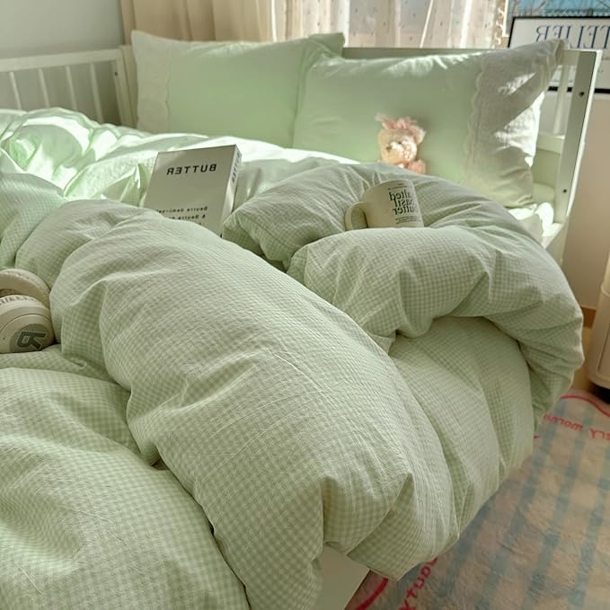 LifeTB Green Gingham Duvet Cover King 3 Pieces Romantic Lace Duvet Cover Soft Washed Microfiber Green Grid Plaid Comforter Cover with 2 Pillowcases Farmhouse Checkered Gingham Bedding Set