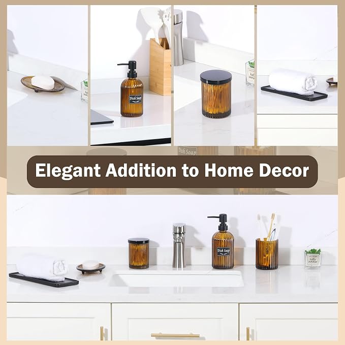 Shinowa Glass Bathroom Accessories Set, 5 Piece Luxury Bathroom Set with Soap Dispenser, Toothbrush Holder, Qtip Holder with Lid, Soap Dish & Tray, Modern Vanity Countertop Organizer, Brown + Black