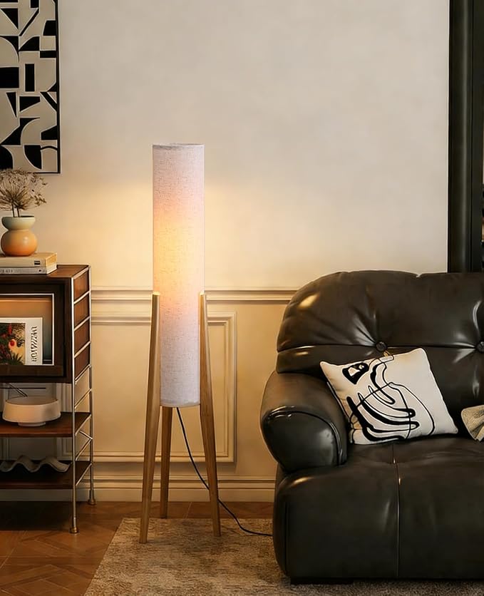 Natural Wood Tripod Floor Lamp, 48.8 in High Vintage Style Cylinder Floor Lamp with White Fabric Lampshade, Mid Century Modern Floor Lamp for Bedroom Living Room Home Office (Natural)