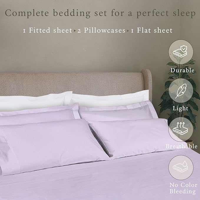 Threadmill Cotton Full Size Sheet Set, Deep Pocket, Fade Resistance, 500 Thread Count, Solid 4-Piece Bed Sheets for Full Size Mattress (1 Flat, 1 Fitted Sheet, 2 Pillow Covers), Lilac