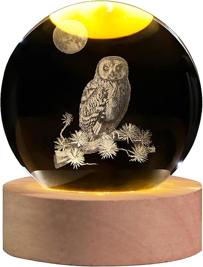 3D Laser Etched Owl Crystal Ball with LED Stand, Glass Owl Animal Figurine Lamp Night Light Gifts for Women Kids(2.4 in)