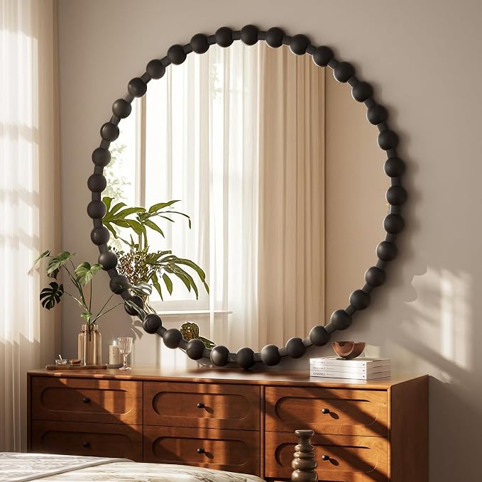 Easly Round Mirror for Wall, 36 Inch Black Beaded Frame Decorative Vanity Mirror, Circle Bathroom Mirror with High-Definition Lense, Modern Wall Decor for Bathroom, Living Room, Bedroom, Entryway