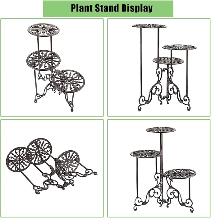 OwnMy 3 Tier Heavy Duty Cast Iron Plant Stand Foldable Wrought Iron Flower Pot Holder, Indoor Outdoor Tall Plant Stand Shelf for Garden Patio, Decorative Round Metal Plant Display Rack, Retro Brown