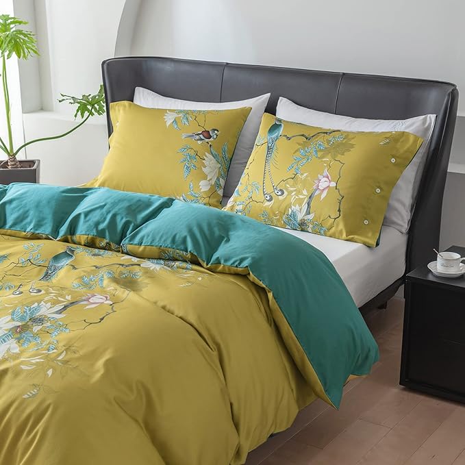 EAVD Cute Birds Duvet Cover Twin XL Cotton Floral Duvet Cover Set Yellow Bedding Set with Garden Tree Branches Flowers Birds Pattern Reversible Design Girls Duvet Coveer with Zipper Closure