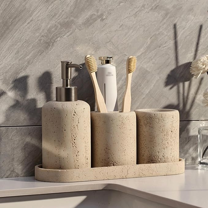 Hand Soap Dispenser Refillable Stone Soap Dispenser Beige Travertine Liquid Shampoo Bottles Marble Hand Soap Dispenser for Bathroom Kitchen Spring Decor